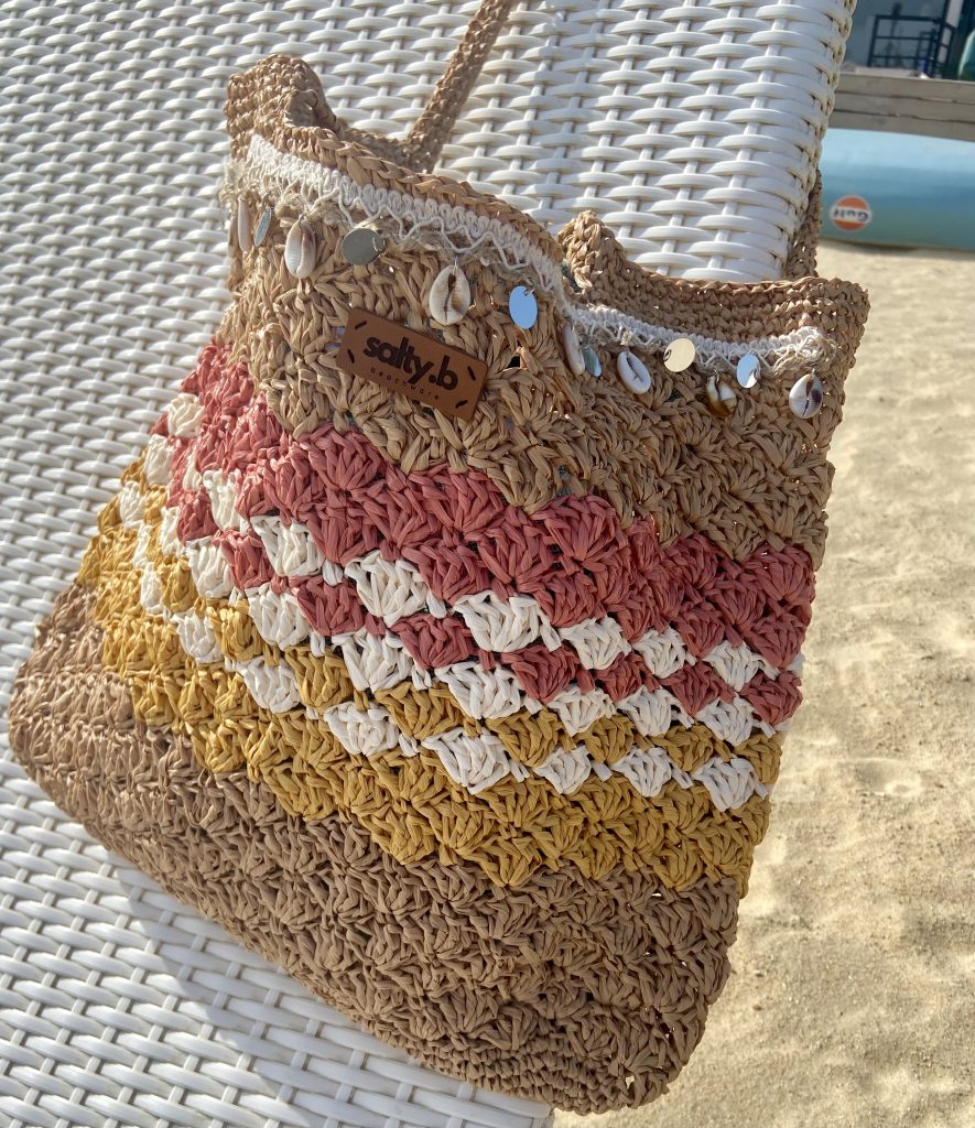 Crochet Raffia Bag in Pink, Yellow, and White